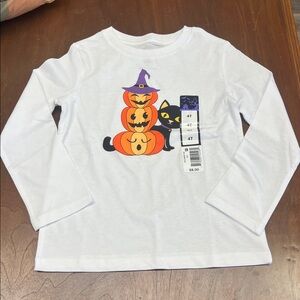 White Halloween Long Sleeve Shirt with Pumpkin and Cat Design child 3T new